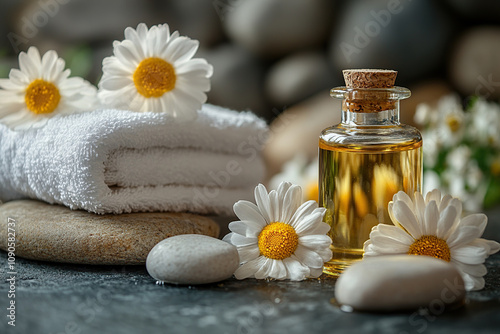 Chamomile essential oil in glass bottle near fluffy towels, pebble stones and chamomile flowers on table. Spa care and aromatherapy concept. photo