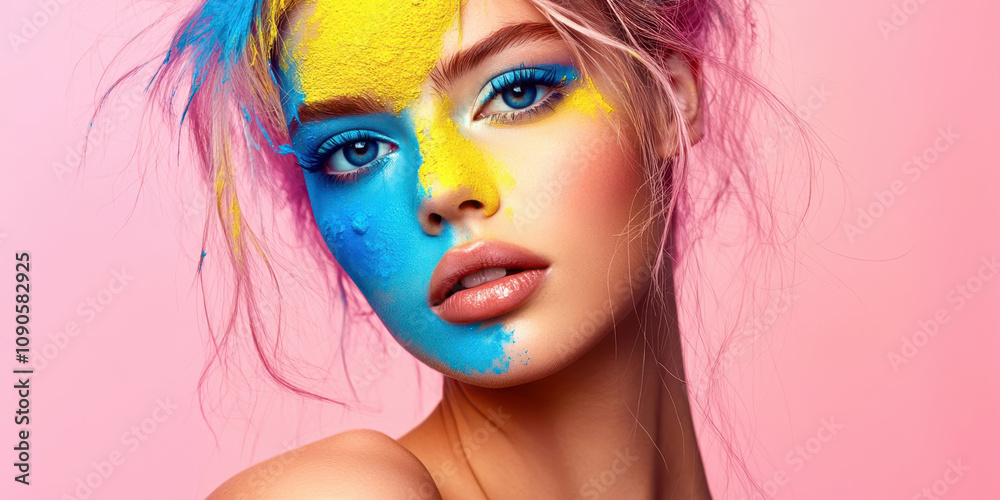 Fototapeta premium A woman with blue and yellow face paint