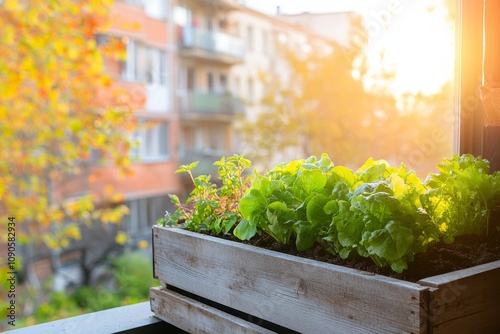 Sunny balcony garden with fresh greens in rustic planter photo