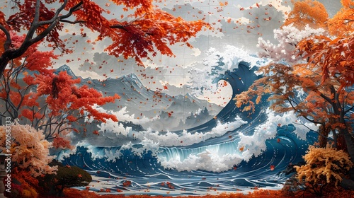 The photo showcases a vibrant ukiyo-e-style paper mural depicting waves and cherry blossoms, displayed in an open-air museum surrounded by Japanese maple trees, Photography, National Geographic Style,