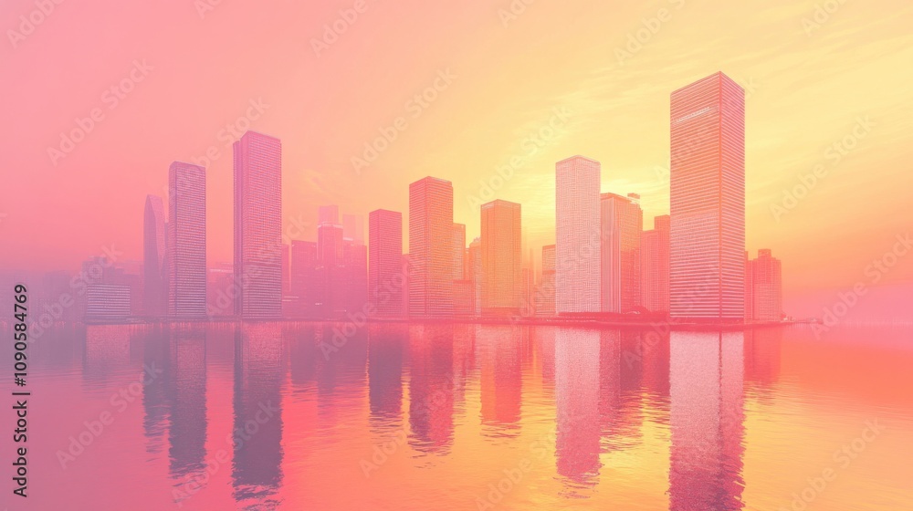 Obraz premium Urban skyline at sunrise with vibrant colors reflecting on glass buildings and calm water creating a serene and dreamy atmosphere in a modern city landscape