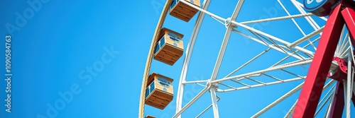 Close-up of the ferris wheel with intricate details of wooden slats and ropes against a clear blue background, detailed view, wooden slats photo