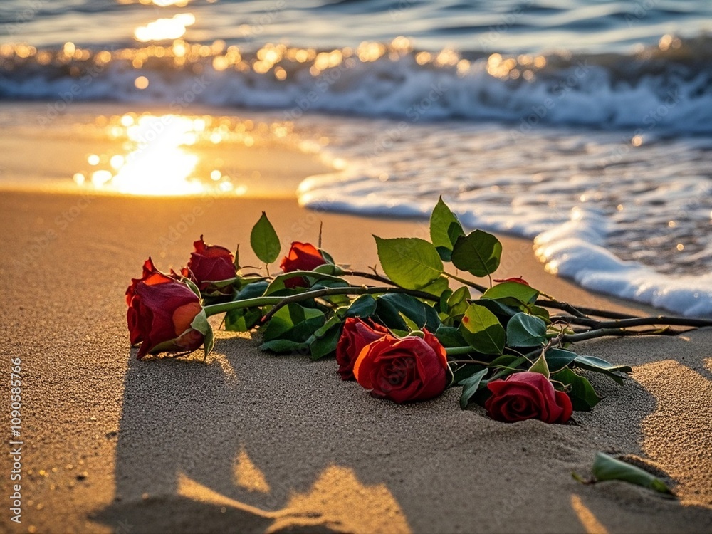 red wilting roses in the sand on the beach at sunset