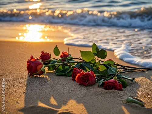 Obraz na płótnie red wilting roses in the sand on the beach at sunset w salonie
