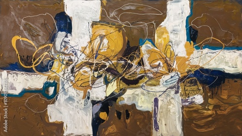 An abstract painting with a brown background, featuring white, yellow, and blue shapes and lines. The shapes and lines intersect and overlap, with a textured surface