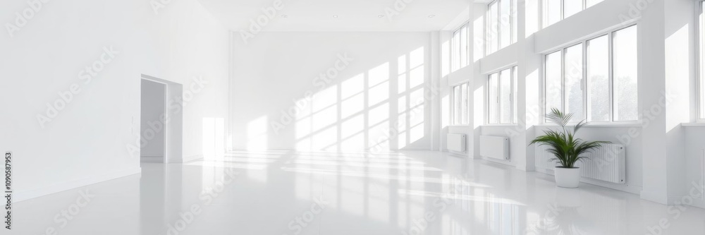Fototapeta premium Bright and modern white living room with floor-to-ceiling windows, spacious, white, clean