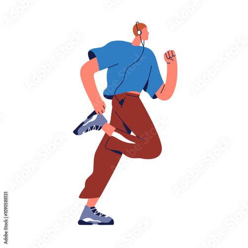 Jogging man running with headphones, cardio sport workout. Active healthy jogger, runner listening to music. Endurance training, exercising. Flat vector illustration isolated on white background