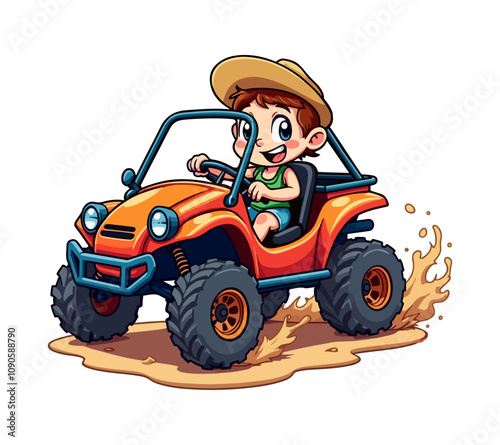 A cartoon vector of a cheerful boy with a hat driving an orange beach buggy.