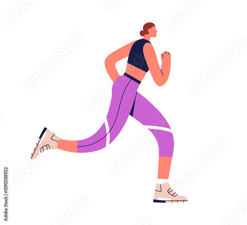 Female jogger running outdoors. Cardio workout, endurance training. Woman athlete, runner profile. Active healthy girl jogging, sport exercise. Flat vector illustration isolated on white background