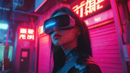 Futuristic Woman in VR Goggles Surrounded by Neon Lights in a Cyberpunk Cityscape at Night, Emphasizing Technology and Urban Aesthetics