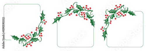 Christmas holly botanical frames. Flat illustration border with green leaves and red berries on white background. Green line square with plant wreath. Vector image.