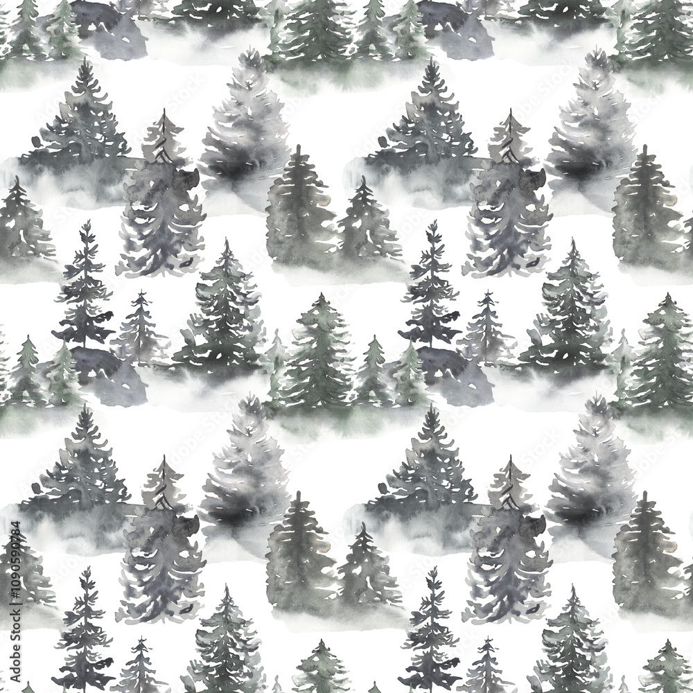Fototapeta premium Watercolor hand drawn snowy forest trees seamless pattern, gray color landscape repeat paper
