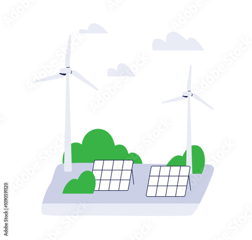 Renewable green energy concept. Wind turbine and solar panel for clean eco-friendly electricity generation, sustainable electric power. Flat vector illustration isolated on white background