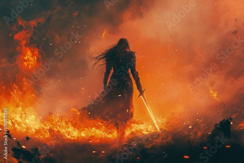 a woman standing in front of a fire with a sword photo