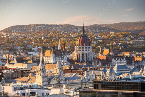 Obraz na płótnie Budapest Parliament from above. Aerial view during sunset of the roof of Budapest Palace of the Parliament historical landmark building. Travel to Hungary. w salonie