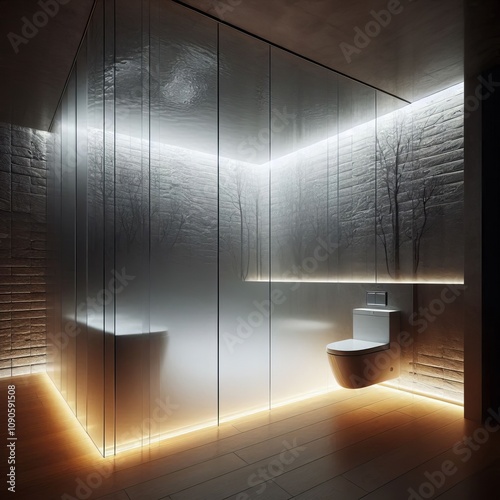 Invisible Toilet A toilet room with transparent walls that becom photo