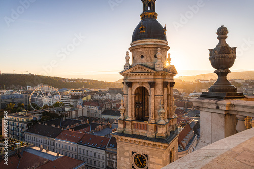 Budapest from above during sunset, view from Saint Stephen Cathedral. Travel to Hungary. Beautiful sunset over Budapest. photo