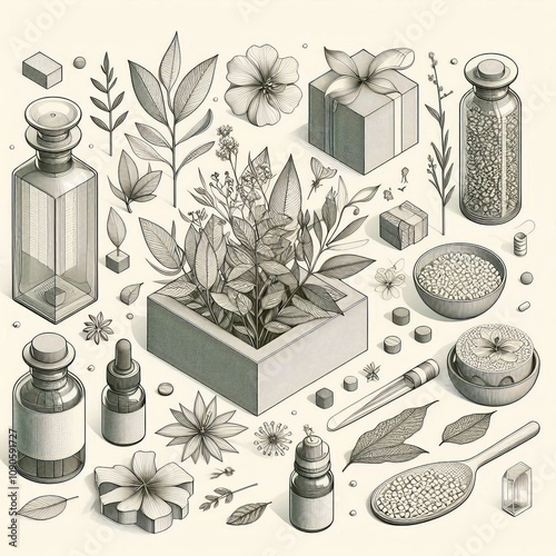 Isometric Illustrations with Botanical Line Drawings Three dimen photo