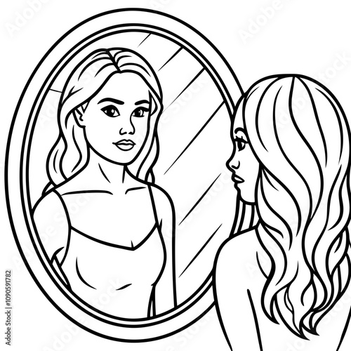 beautiful woman looking at a mirror