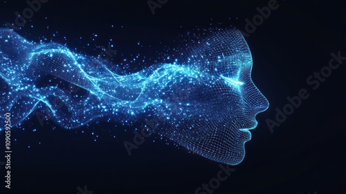 Blue side profile of a digital face with particles