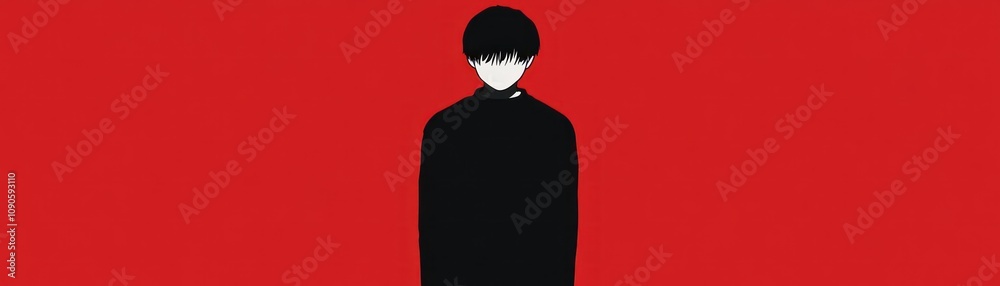 A minimalist figure with a blank face stands against a vibrant red background. A minimalist figure with a blank face stands against a vibrant red background.