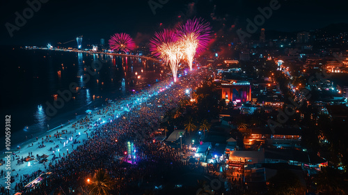 Pattaya Countdown Festival, spectacular view of fireworks lighting up the night sky over Pattaya beach, crowds cheering on the beach, Ai generated images photo