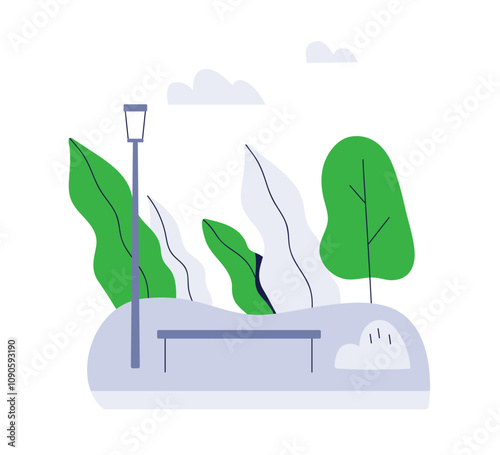 Urban park landscape with bench, trees and street lamp post. Public space, gr...