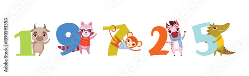 Cute Animal Character with Number and Numeral Vector Set