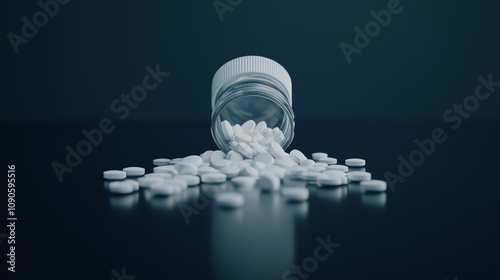 Prescription bottle tipping over with pills spilling out sharp contrast of white tablets against a dark reflective background photo