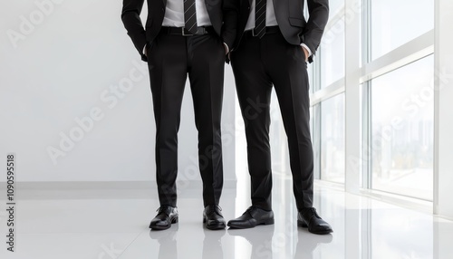 Professional partners in sharp suits standing in a bright, modern office poised and composed, emphasizing corporate excellence and unity photo