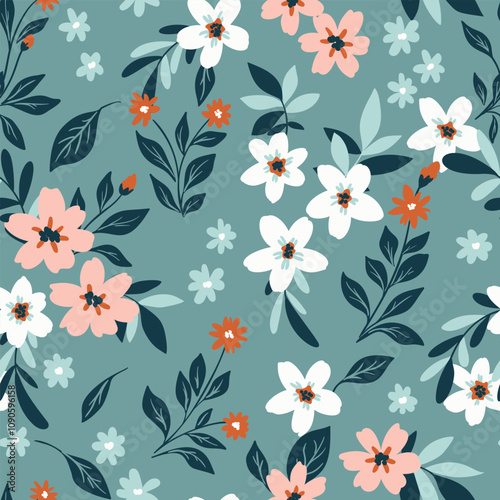 Seamless floral pattern, liberty ditsy print, abstract ornament in winter folk motif. Cute botanical design, small hand drawn flowers, tiny leaves, simple plants on blue field. Vector illustration.