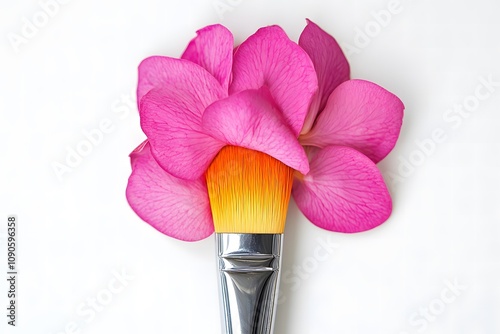 Paintbrush dipped in vivid colors against clean white paper. Bright light. Simple background for Inspire Your Heart With Art Day. photo