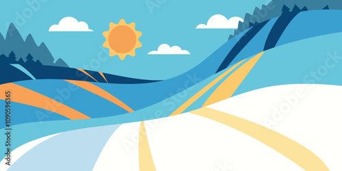 Simple winter landscape, wintry nature scene. Wintertime countryside landscape, snow-capped hills, fir forest in the distance, blue serene sky. Hilly countryside. Vector illustration.