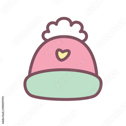 Kawaii hat icon. Hand drawn illustration of a red knitted hat with a pompom isolated on a white background. Cute winter holiday sticker. Vector 10 EPS.