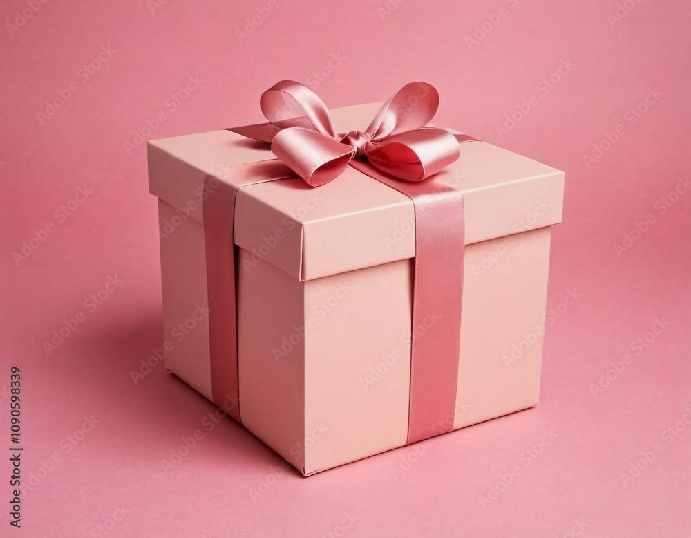 Fototapeta premium Blank pink pastel color present box or open gift box with pink ribbon and bow isolated on pink pastel color background with shadow. Ai generated image.