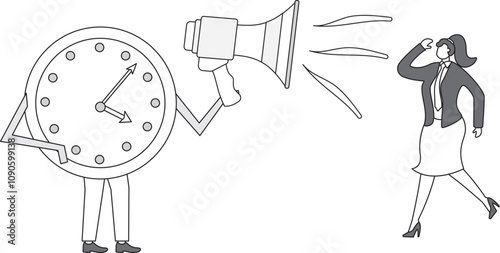 Clock character shouting in a megaphone, Businesswoman