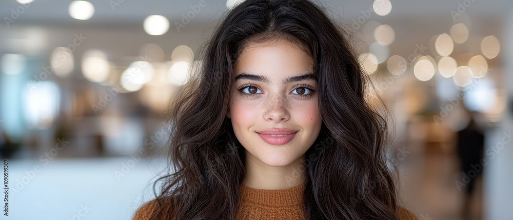 Obraz premium A woman with long hair is smiling at the camera