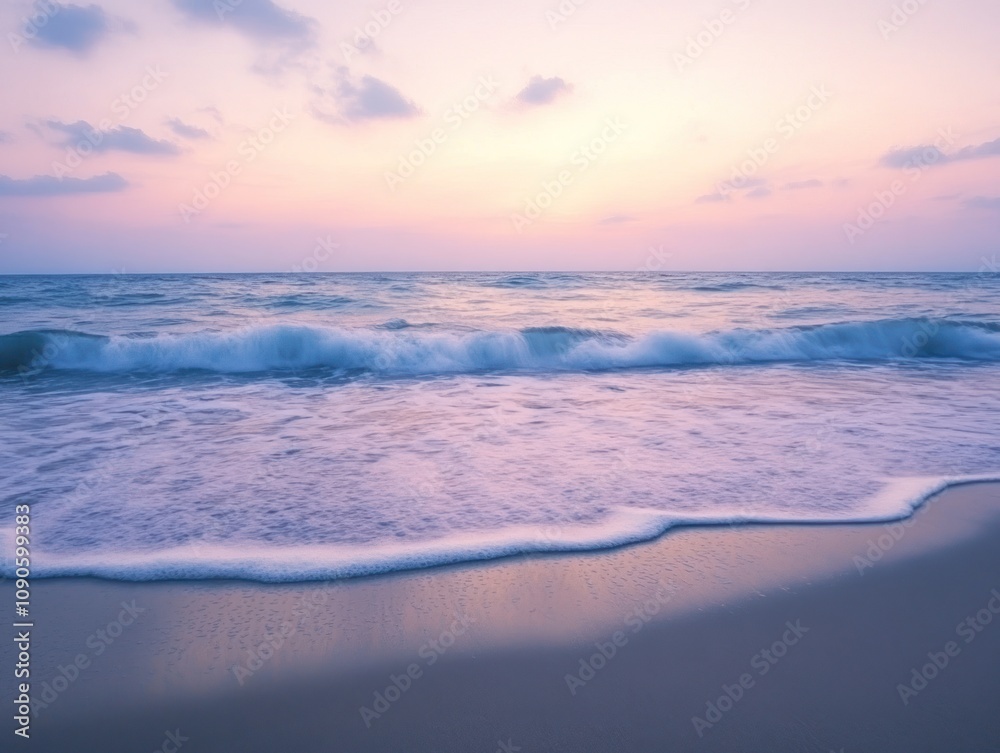 Fototapeta premium A serene beach at sunset with gentle waves lapping at the shore.