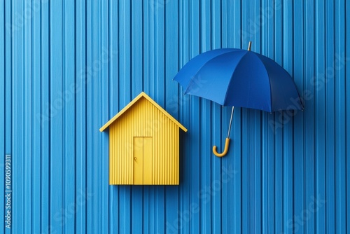 Symbolic image of a yellow house shielded by a blue umbrella from rain cozy and vibrant representation of home protection and care photo