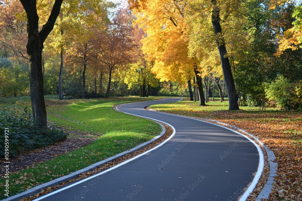 Obraz premium A winding path through a vibrant autumn park with colorful trees and fallen leaves.