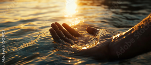 Close up of human hand reaching out to the sun in the water.