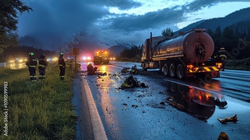 Emergency responders at a truck accident scene on a wet road during twilight.
