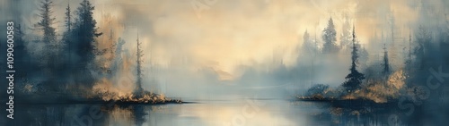 A serene landscape featuring a tranquil lake surrounded by misty trees at dawn, evoking peace and natural beauty. photo