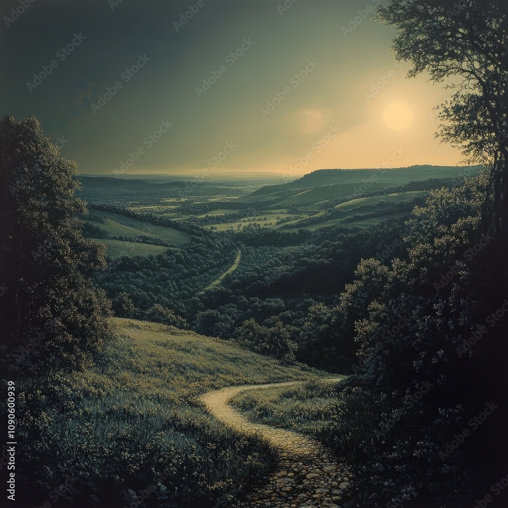 Fototapeta premium A serene landscape with winding path, lush greenery, and rolling hills under a dramatic sky at dusk.