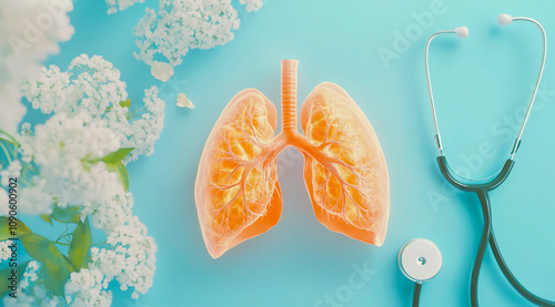 Top view of two realistic human lungs with light orange background and stethoscope on right.