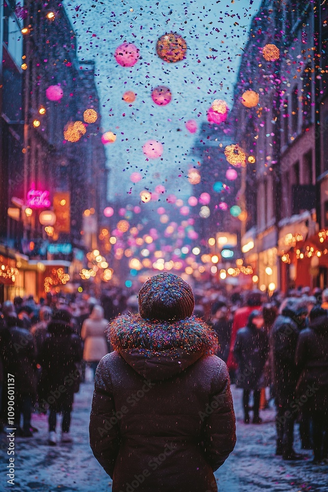 Obraz premium Person watching confetti rain in snowy festive street