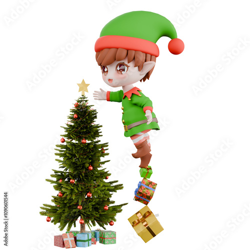 Festive Holiday Chibi Elf Cartoon. A Chibi Elf stands on a pile of Christmas presents with her right hand wanting to reach for the star on the Christmas tree. Christmas 3D Design