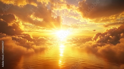 Fototapeta Naklejka Na Ścianę i Meble -  Dramatic sunset over the sea with rays of golden light and clouds symbolizing hope and faith