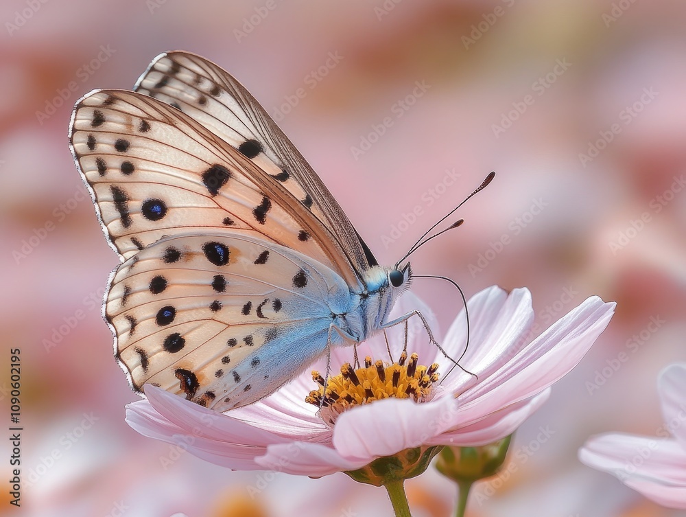 Obraz premium A delicate butterfly rests on a pink flower. The image showcases the beauty of nature and the intricate details of a butterfly's wings.