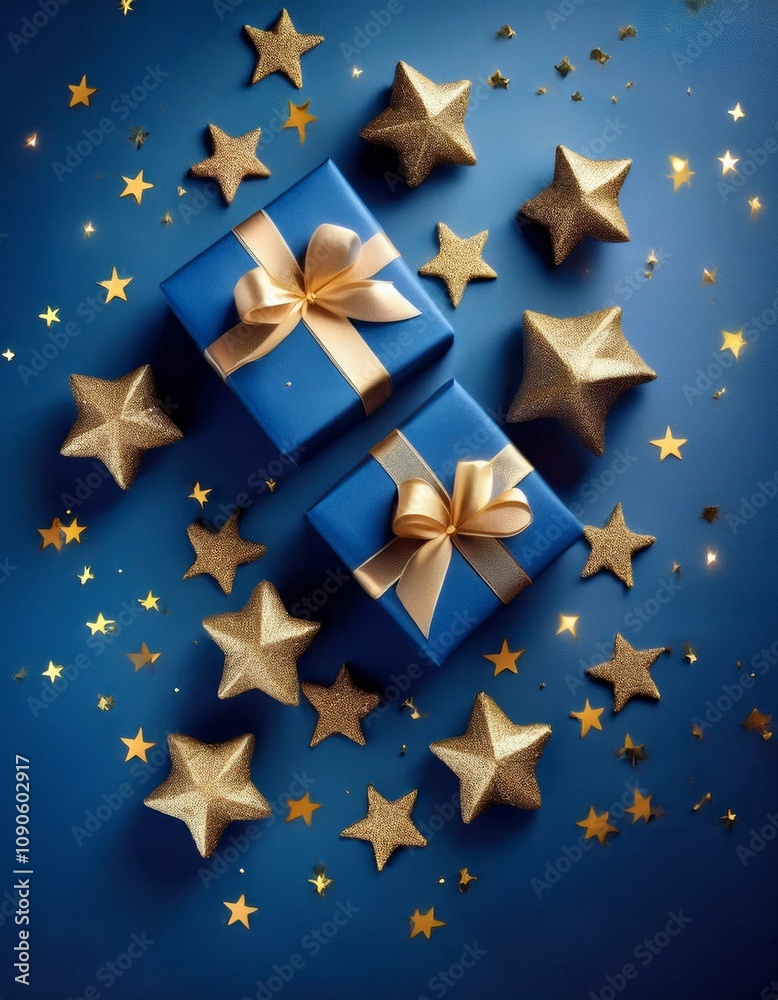 Obraz premium Illustration of blue gifts with golden bows and ribbons placed on blue background near stars
